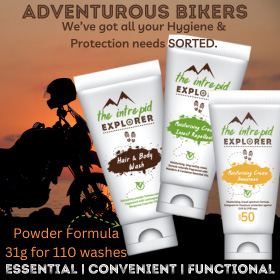 Adventurous Bikers – We've got all your Hygiene & Protection needs SORTED! Powdered Hair & Body Wash, Moisturising Cream Insect Repellent, and Moisturising Cream Sunscreen SPF50. ESSENTIAL | CONVENIENT | FUNCTIONAL.