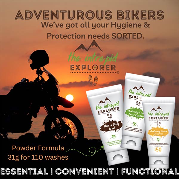 Adventurous Bikers – We've got all your Hygiene & Protection needs SORTED! Powdered Hair & Body Wash, Moisturising Cream Insect Repellent, and Moisturising Cream Sunscreen SPF50. ESSENTIAL | CONVENIENT | FUNCTIONAL.