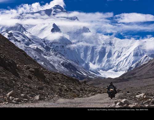 January: by Anna & Claus Possberg, Germany. Mount Everest Base Camp, Tibet; BMW F800.