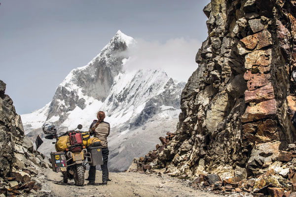 Photo of Lisa Morris and "Pearl" by Jason Spafford (United Kingdom) - Cordillera Blanca, Peru - 2015 Antarctica to the Arctic trip - BMW F650GS. http://twowheelednomad.com.