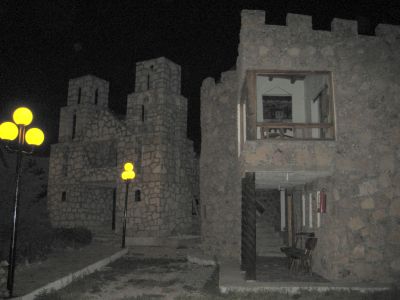 Interesting cabins at night.