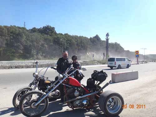 Johanssons with Harley-powered chopper trikes in Russia.