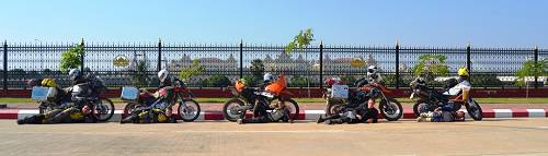 Five motorcycles parked in front of the parliament in Naypyidaw, the capital of Myanmar. A historic moment.