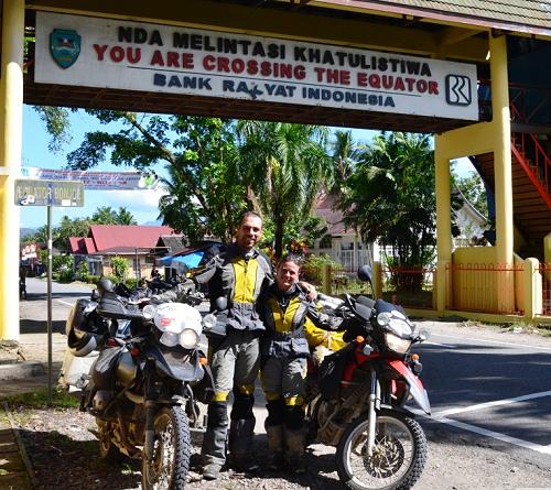 Heike and Filippo crossing the equator in Sumatra.