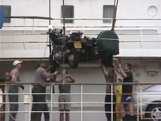 Our sidecar is loaded onto the Nezhdanova - Japan. With thanks to Lorenz Kerer for the pics.